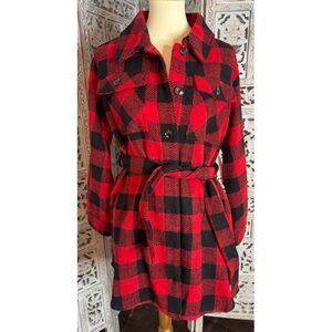 Time and Tru Red and Black Plaid Long Tie Waist Shacket